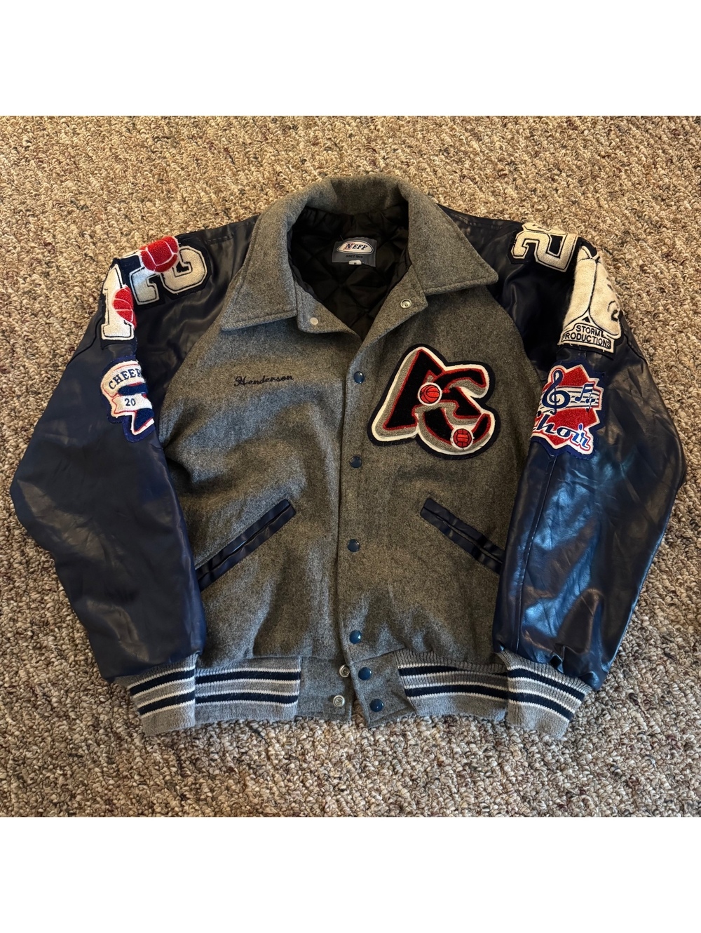 Men’s Neff Leather Varsity Jacket Henderson Navy Gray Size Medium